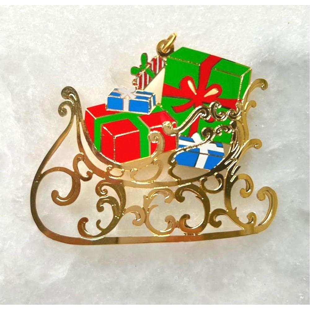 Reed & Barton 1988 Christmas Sleigh with Gifts Enamel Gold Plated Ornament